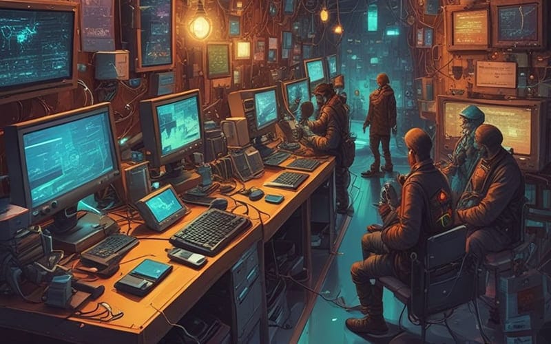 hackers in a room with monitors