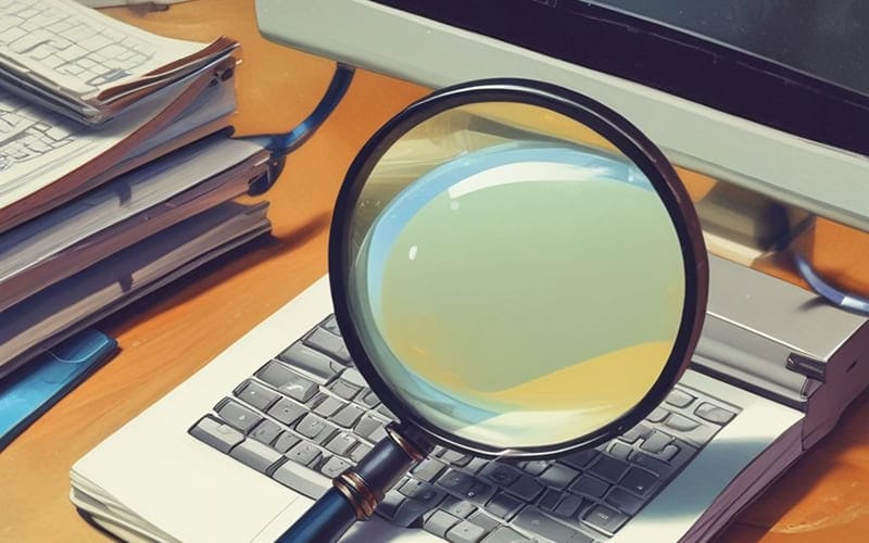 magnifying glass at computer