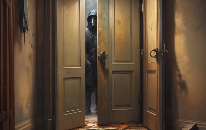 open door showing masked man